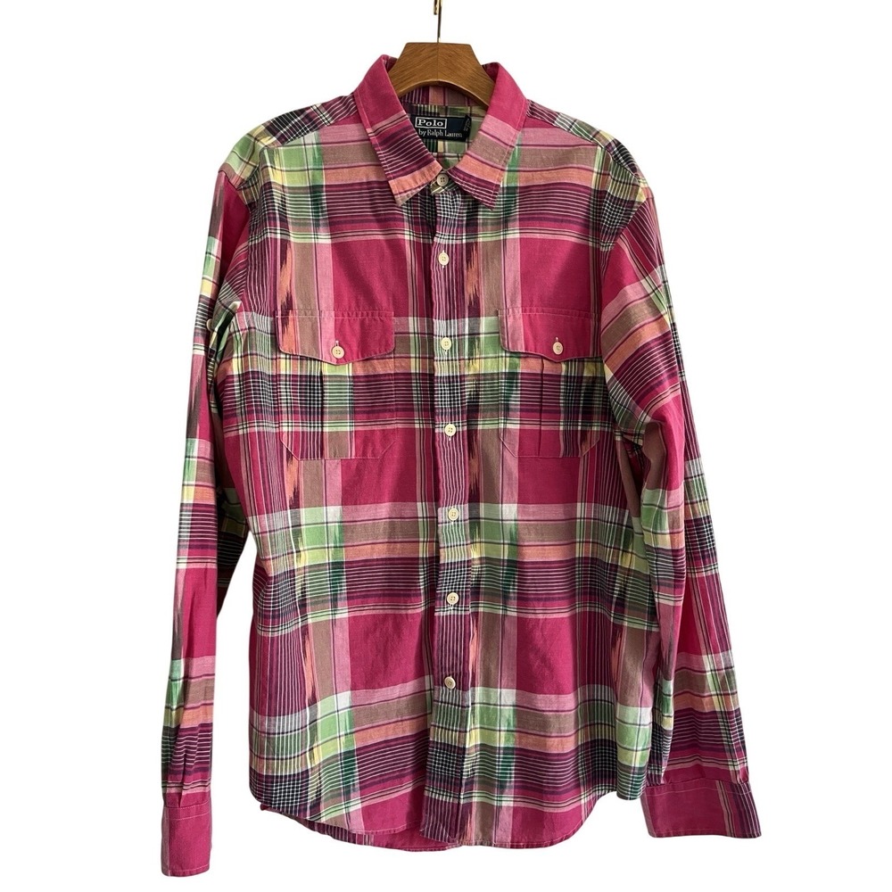 VTG Polo Ralph Lauren Pink Plaid Roll‎ Tab Button Long Sleeve Shirt Preppy  L